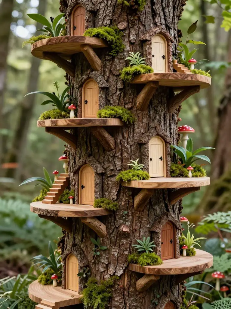Create a tree trunk fairy tower garden featuring stacked wooden platforms and miniature doors carved into bark.