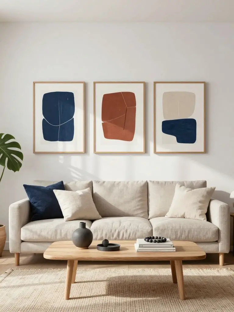 A bright minimalist living room featuring a trio of abstract framed artworks arranged above a soft neutral sofa.