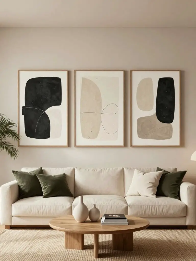 A warm minimalist living room featuring a triptych gallery of abstract minimalist wall art as the central design element.