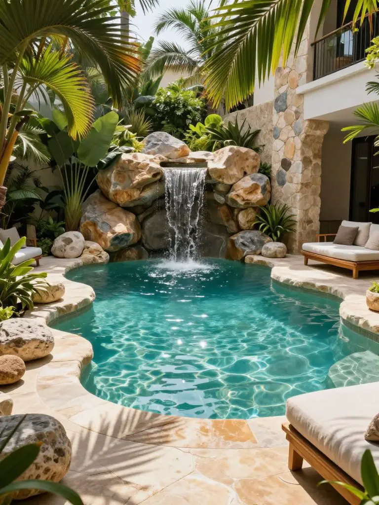 Design a tropical dream backyard courtyard featuring a freeform pool and cascading rock waterfall.