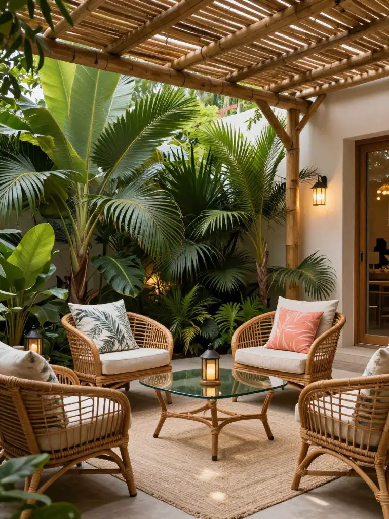 Design a tropical-inspired cozy backyard patio surrounded by lush green plants and bamboo pergola beams overhead.