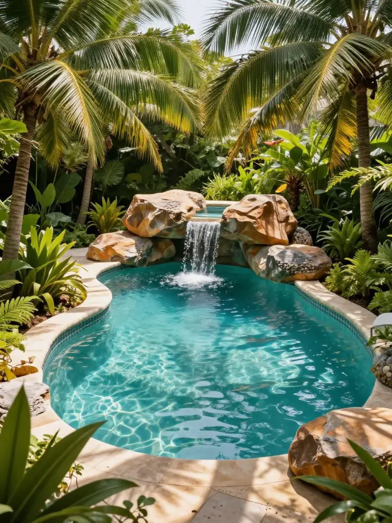 A tropical lagoon-style inground backyard swimming pool surrounded by lush palm trees and layered greenery, designed in resort-inspired mode.