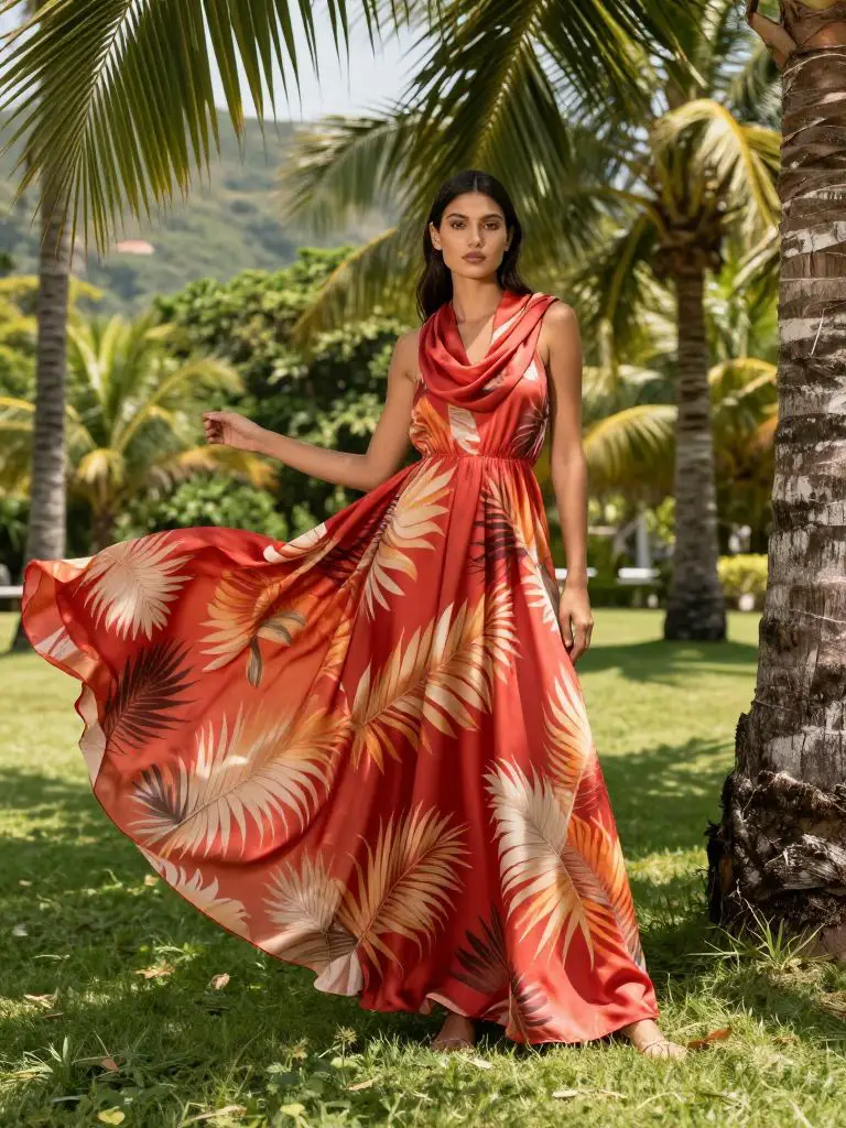 An outdoor tropical garden fashion scene emphasizing sustainable luxury elegance.