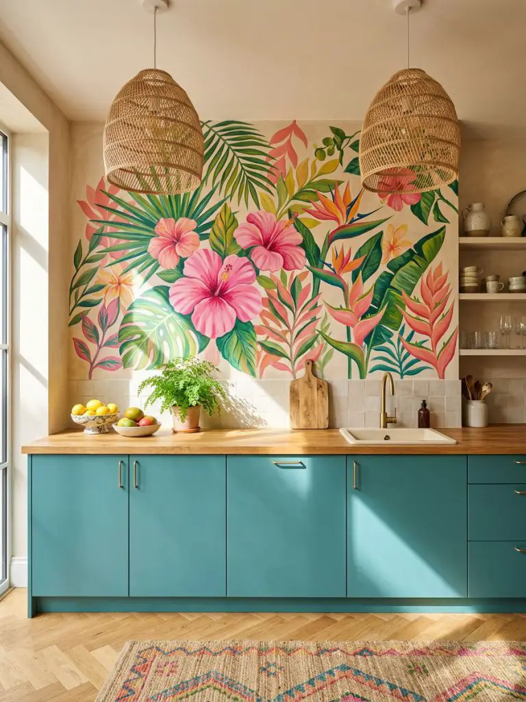 A statement colorful boho kitchen featuring a large tropical floral mural in vivid pink, green, and yellow tones above sleek teal cabinetry.