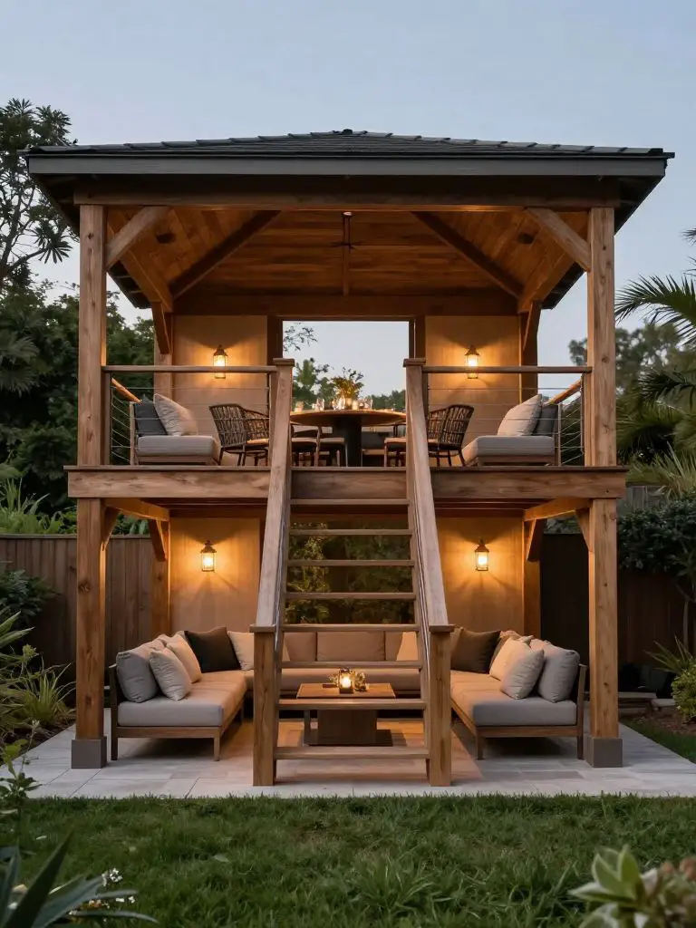 Design a two-story backyard gazebo lounge featuring an upper dining area and lower cozy seating nook.