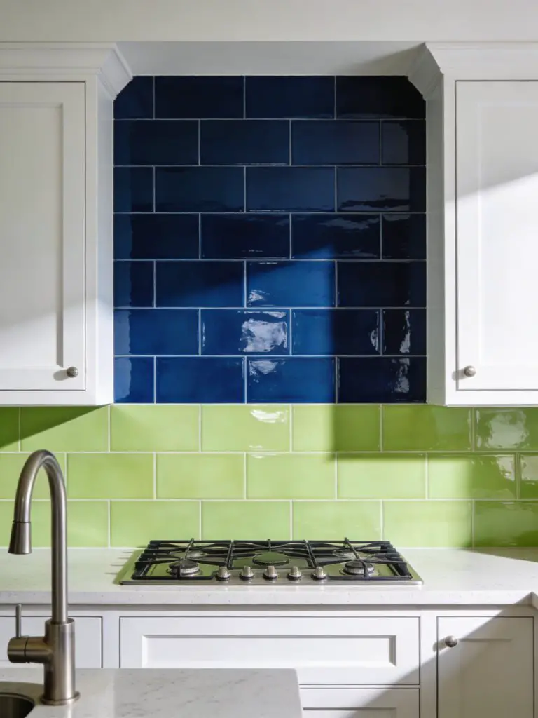 A modern kitchen featuring a bold two-tone backsplash combining deep navy blue tiles on the upper section and soft lime green tiles below.