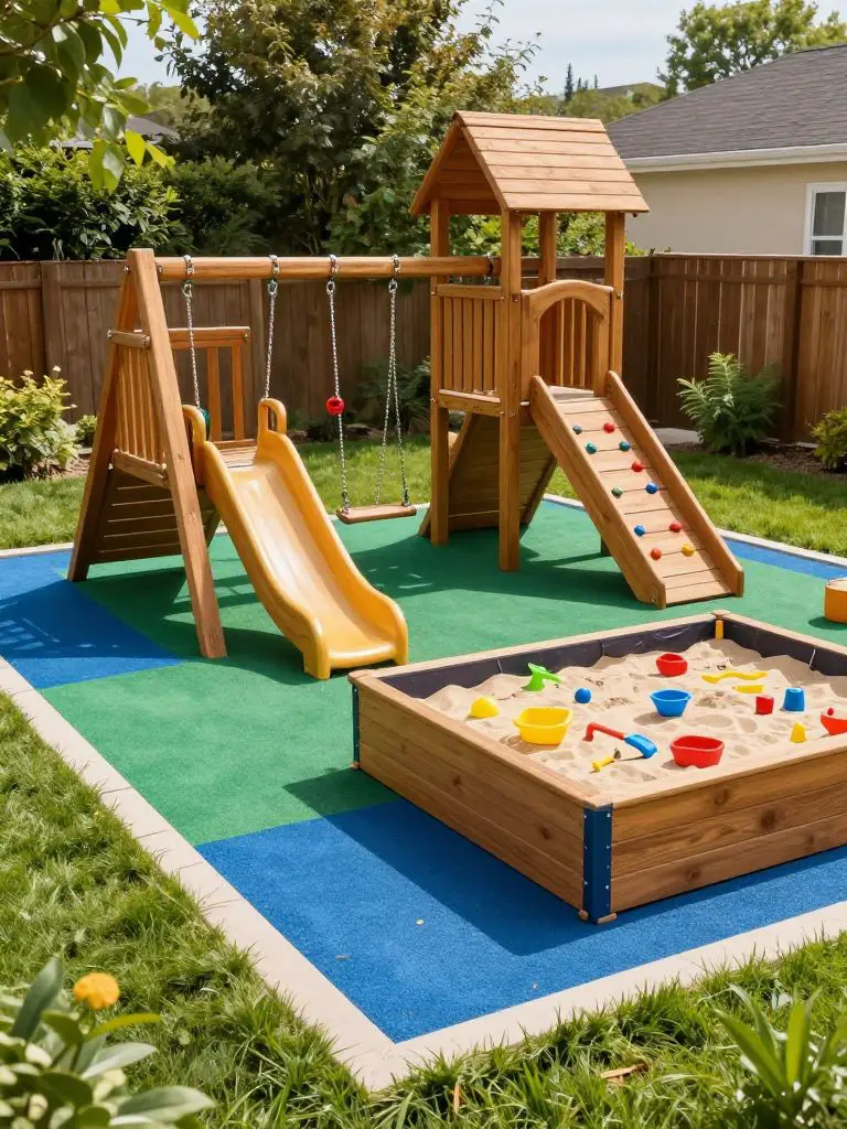 Create a vibrant family-friendly backyard play area featuring a wooden swing set with slide, climbing wall, and sandbox centered on colorful.