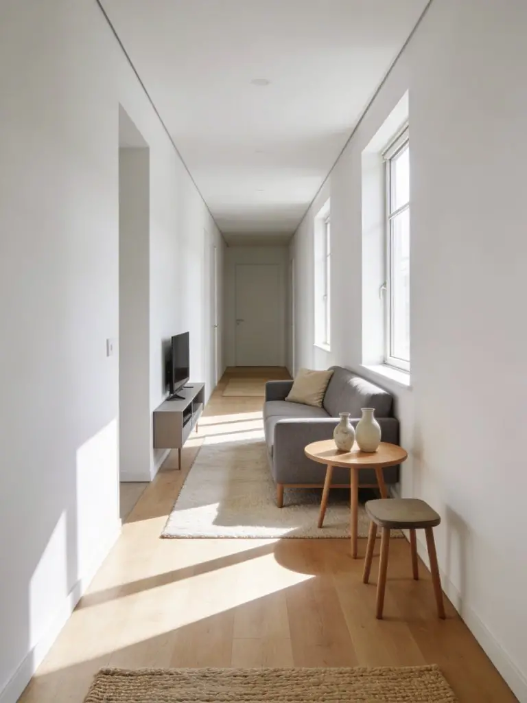 A narrow minimalist living room designed for a small apartment corridor-style layout.