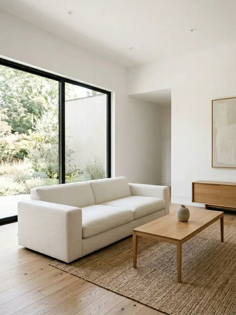 An ultra-clean minimalist living room focused on simplicity with a neutral color palette of white, beige, and light wood.
