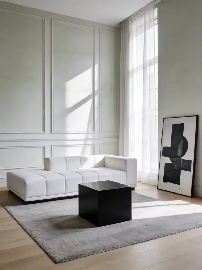 An ultra-clean minimalist living room with crisp white architectural walls and sculptural modern furniture pieces arranged with precise bala.