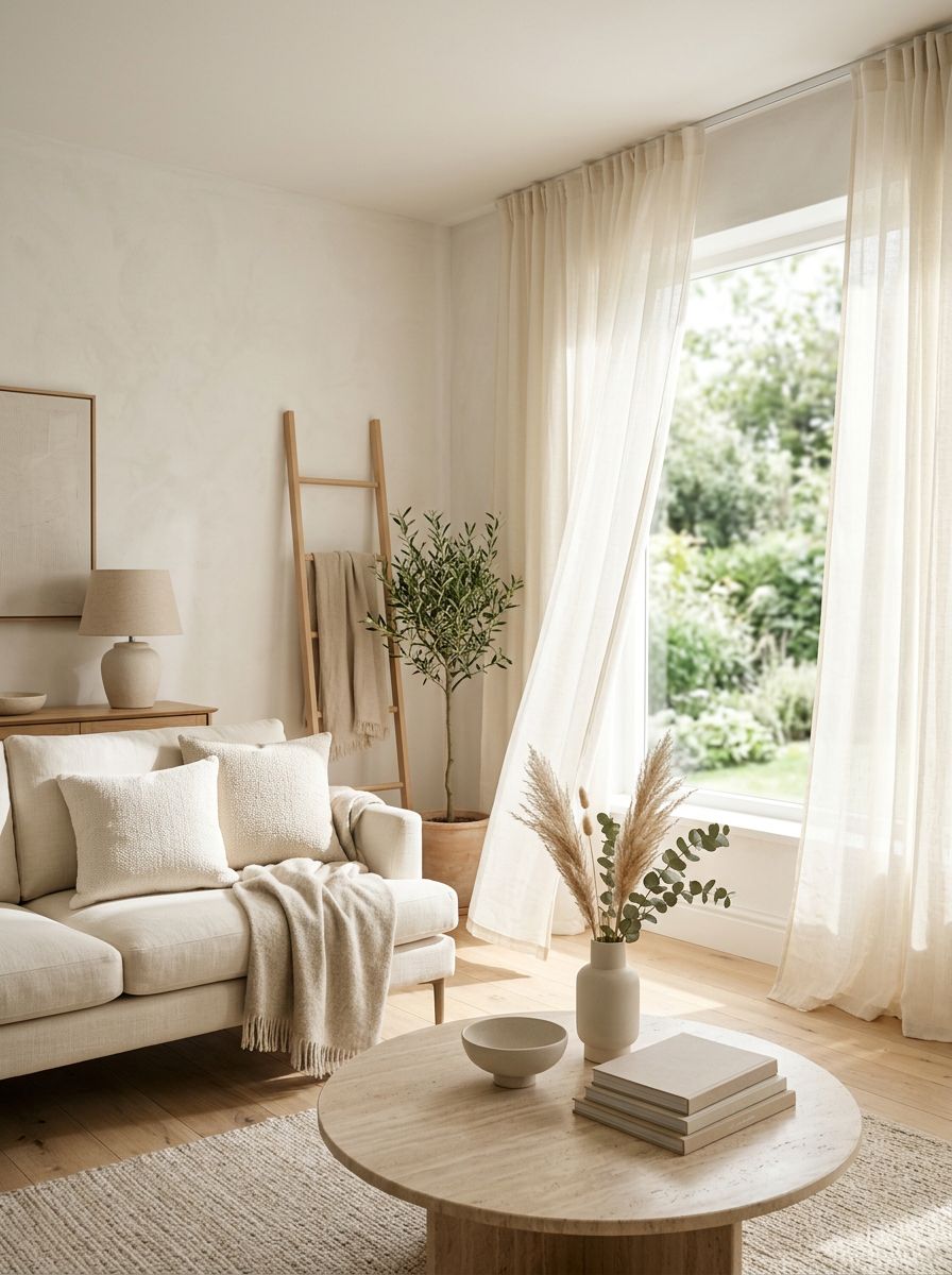 A serene minimalist living room featuring ultra-light sheer curtains designed to maximize natural light.