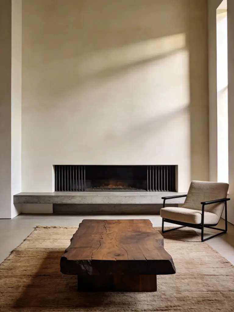 A minimalist living room with fireplace designed in a warm minimalist and modern rustic interior style.