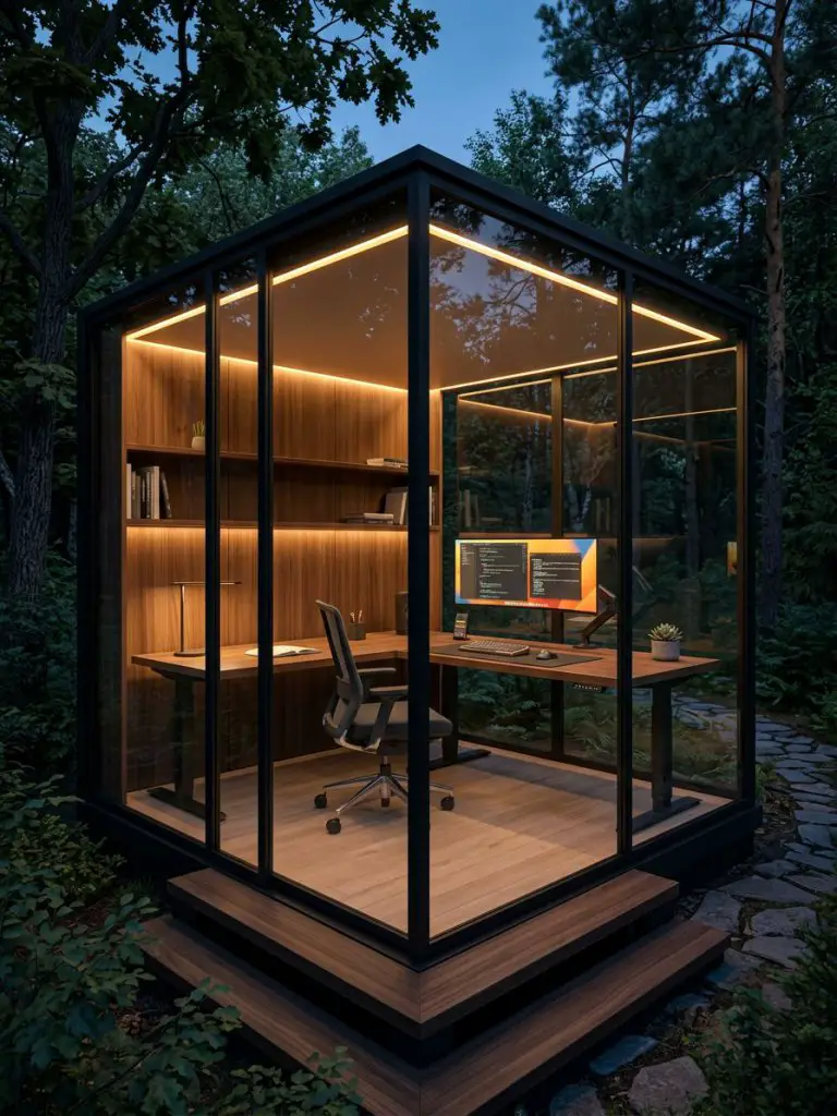A futuristic modern office cabin designed as a glass pavilion workspace set within a wooded landscape, blending contemporary minimal archite.