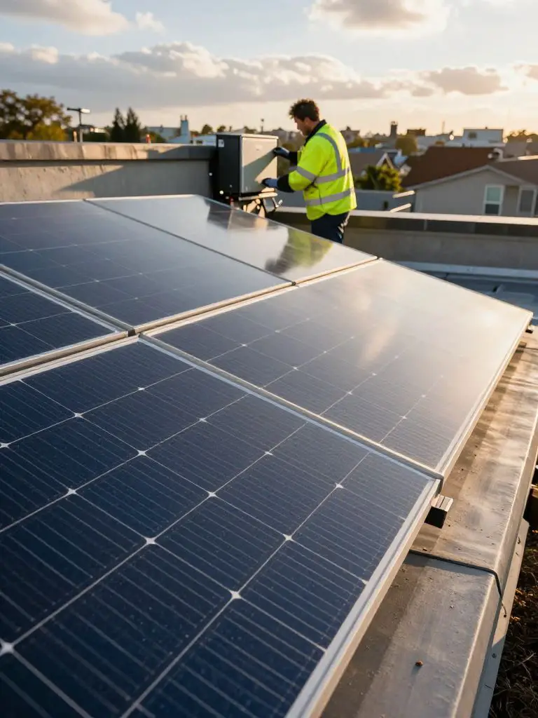 Photograph an ultra-modern rooftop solar array installed on a mid-century home, shot from a slightly elevated angle to capture the foregroun.