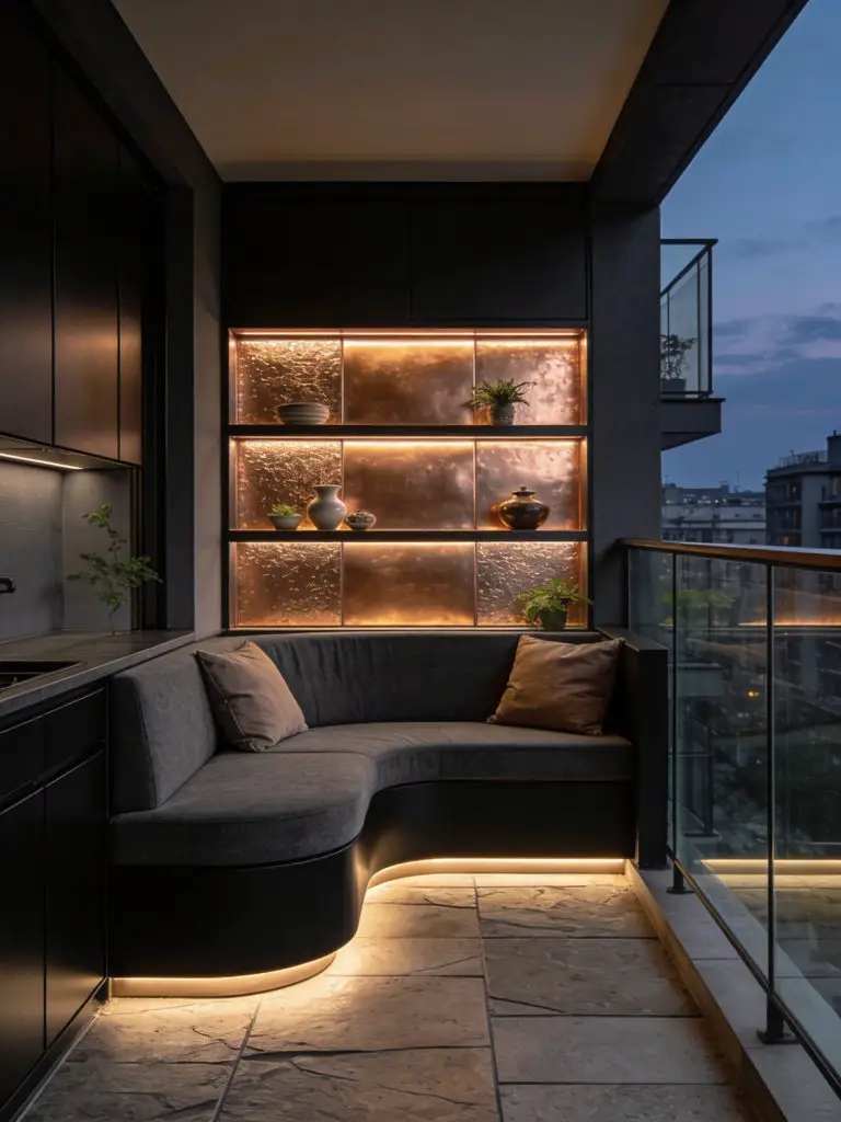 A sleek urban small balcony design for apartments featuring a built-in lounge bench with integrated ambient lighting and shelving.