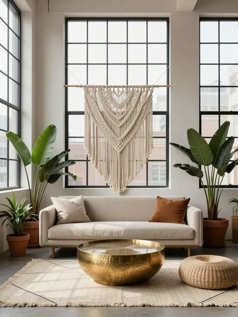 An urban boho minimalist living room styled in a loft setting with tall black-framed industrial windows filling the background wall.