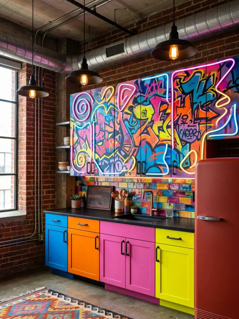 An industrial-style kitchen featuring exposed brick walls, visible ductwork, and a bold graffiti-inspired cabinet wall filled with vibrant s.