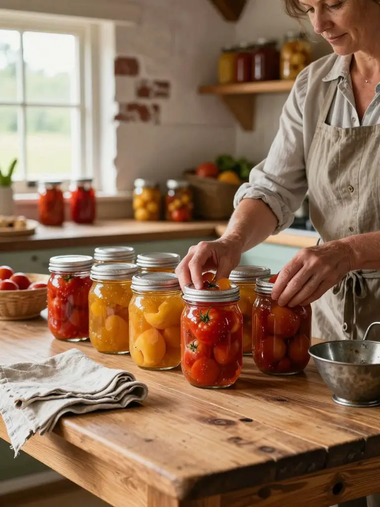 A hyper- photograph of a rustic farmhouse kitchen table, where a middle-aged woman is meticulously arranging glass mason jars filled with vi.