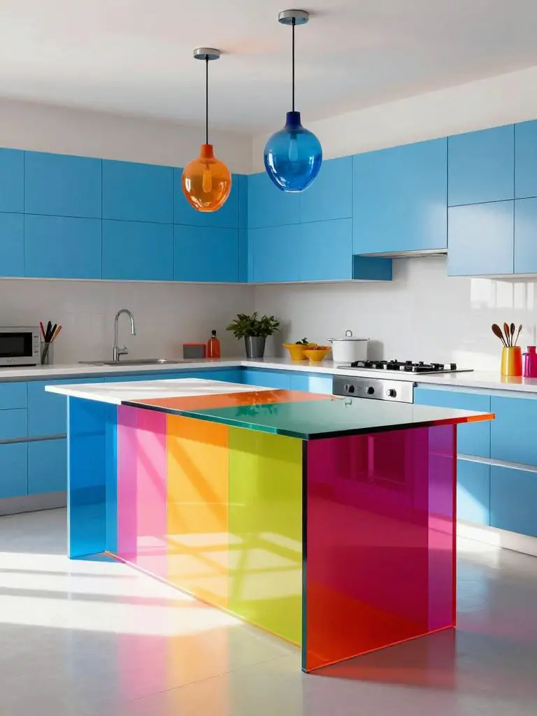 A vibrant modern colorful kitchen centered around a glossy acrylic island in rainbow tones, paired with sky-blue cabinetry in a contemporary.