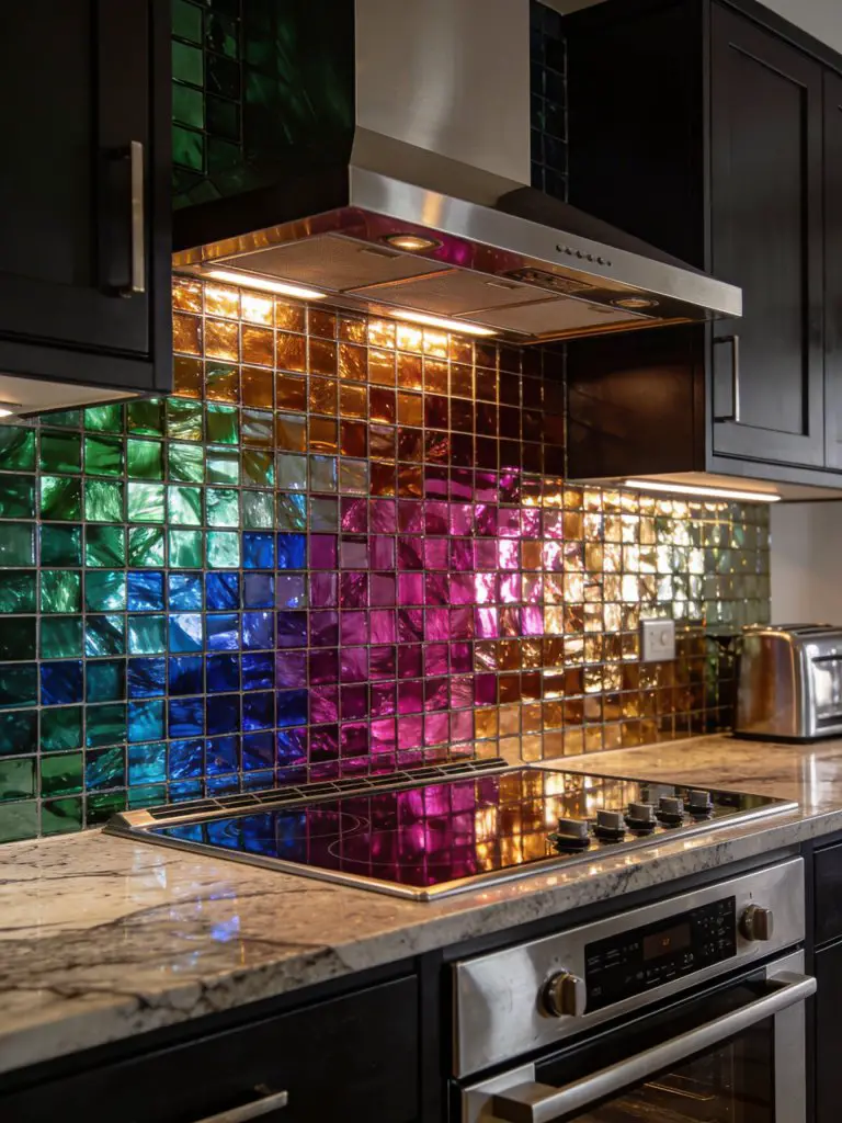 A sleek contemporary kitchen showcasing a dramatic glass mosaic tile backsplash composed of small square tiles in jewel tones like emerald.