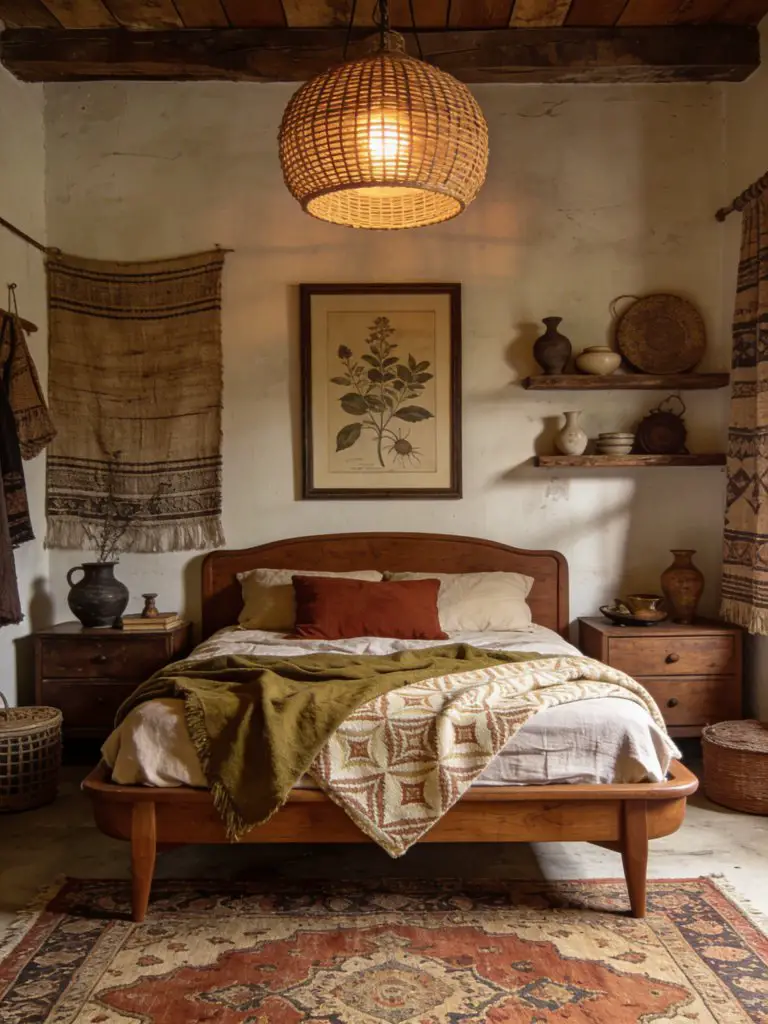 A vintage-inspired boho witchy bedroom with warm wood furniture and layered textiles, featuring a mid-century wooden bed as the focal point.