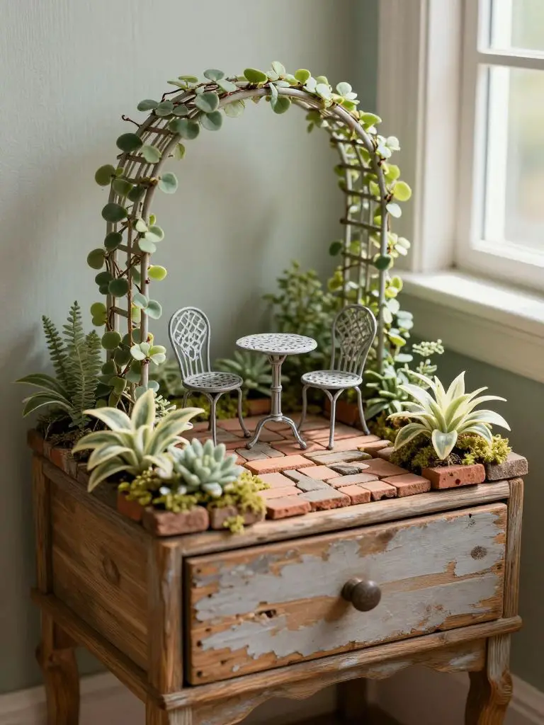 Create a vintage drawer fairy patio scene styled as a miniature courtyard garden.