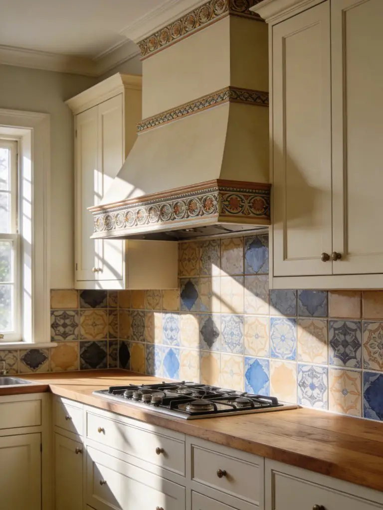 A transitional kitchen featuring vintage-inspired patterned tiles in warm beige, soft blue, and muted charcoal tones, paired with classic cr.