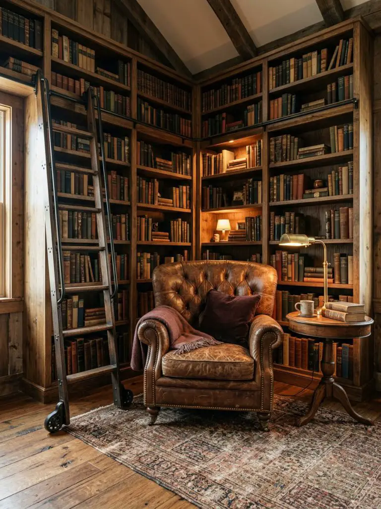 A vintage-inspired bonus room library nook designed with classic and rustic influences, featuring floor-to-ceiling wooden bookshelves, a rol.
