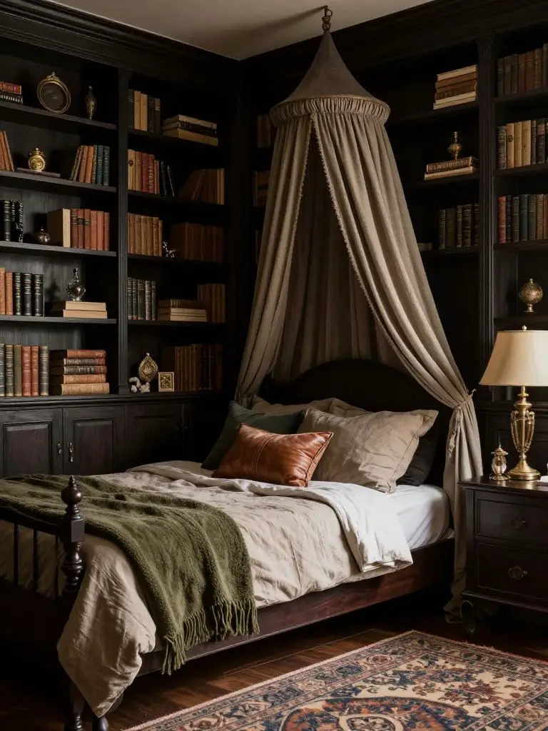 A vintage library witch bedroom infused with dark academia charm and rich textures.