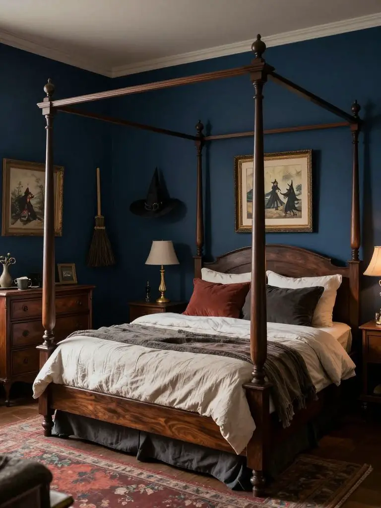 A vintage witch bedroom with dark blue walls and classic furniture, blending traditional elegance with subtle mystical touches.