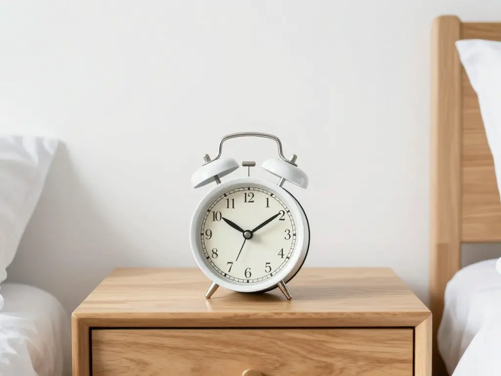 Simple analog alarm clock on a minimalist wooden bedside table in soft morning light, clean white background, peaceful bedroom setting