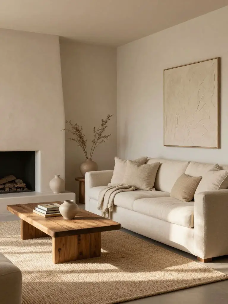 A cozy warm minimalist living room designed with soft neutral textures and a built-in fireplace.