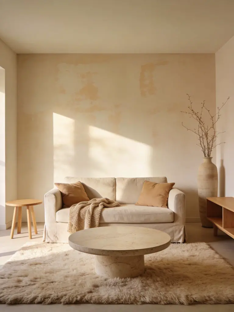 Minimalist living room designed in warm minimalist Scandinavian style featuring a soothing warm beige and soft oat color scheme.
