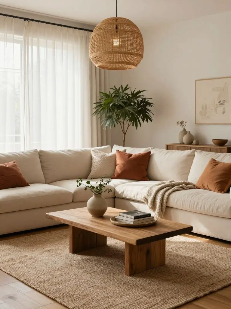 A warm boho minimalist living room designed with layered natural textures and calming neutral tones.