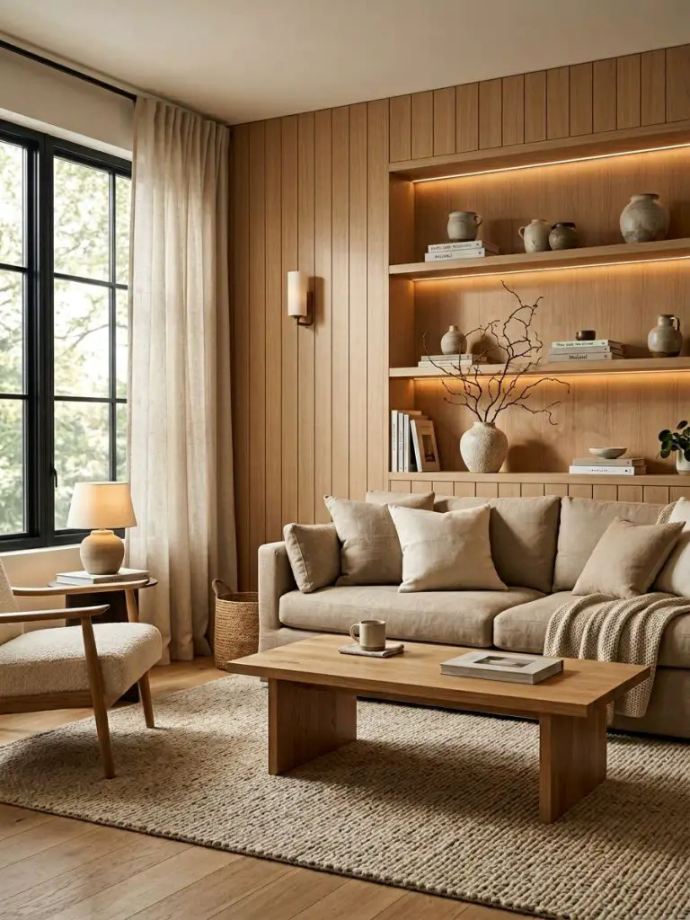 A warm Japandi minimalist living room emphasizing architectural wood textures and earthy tones.
