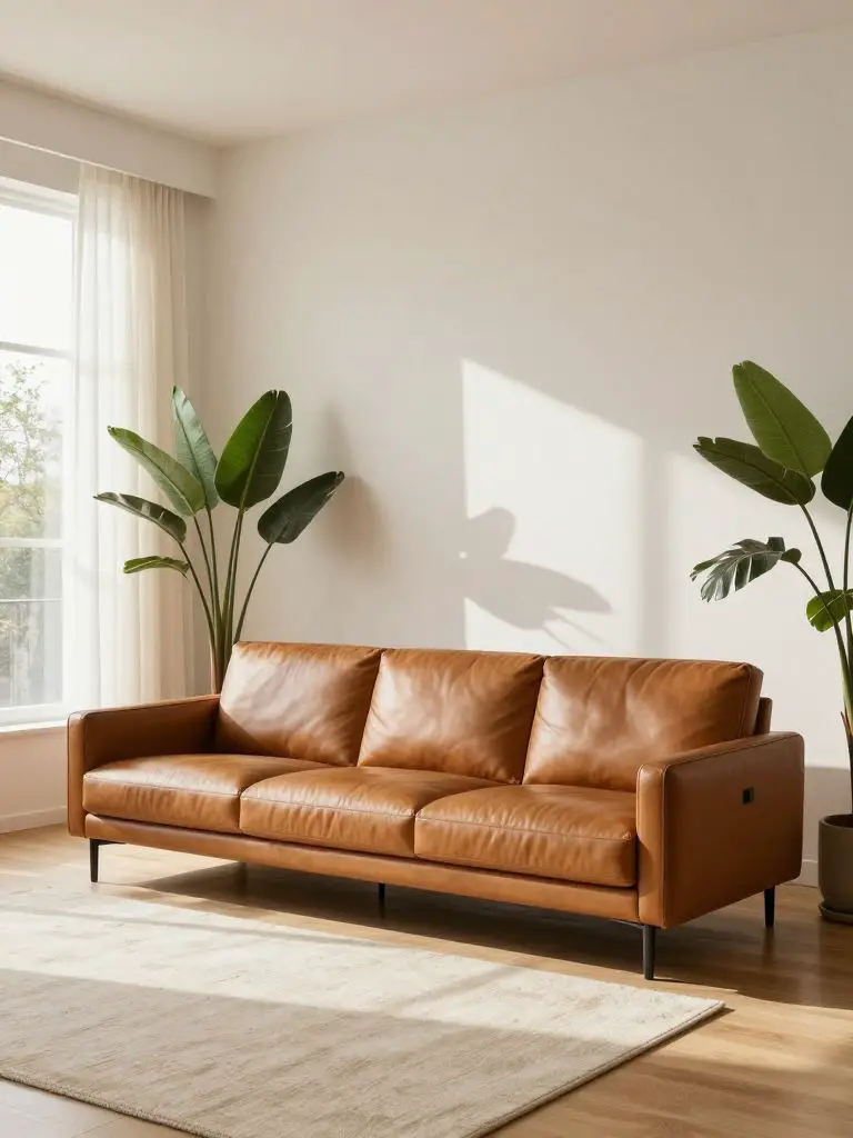 A bright minimalist living room centered around a warm caramel leather sofa that acts as the focal subject positioned slightly off center ne.