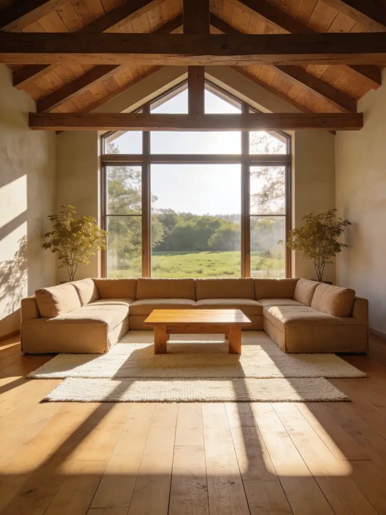 A warm minimalist living room filled with natural sunlight and surrounded by wood architectural details.