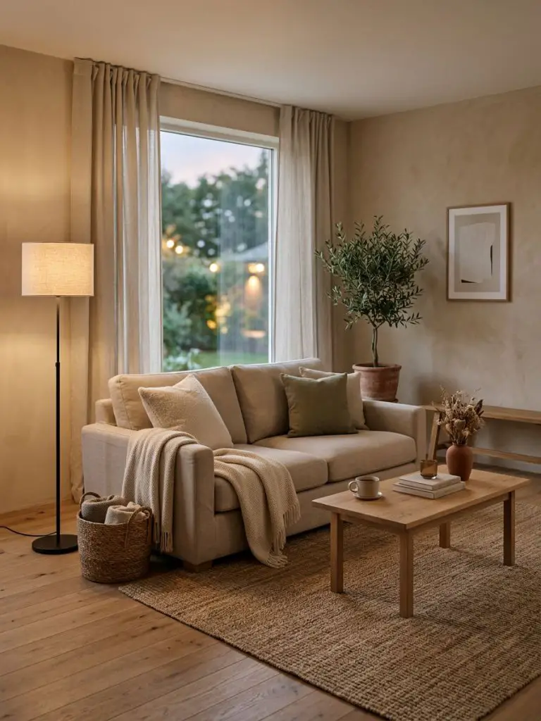 A warm minimalist living room with soft ambient lighting, beige textured walls, a neutral sofa, and a simple wooden coffee table.