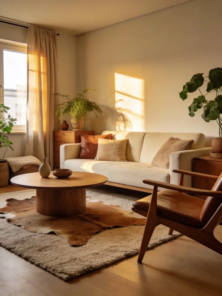 A warm minimalist living room in a small apartment emphasizing earthy textures and natural materials.