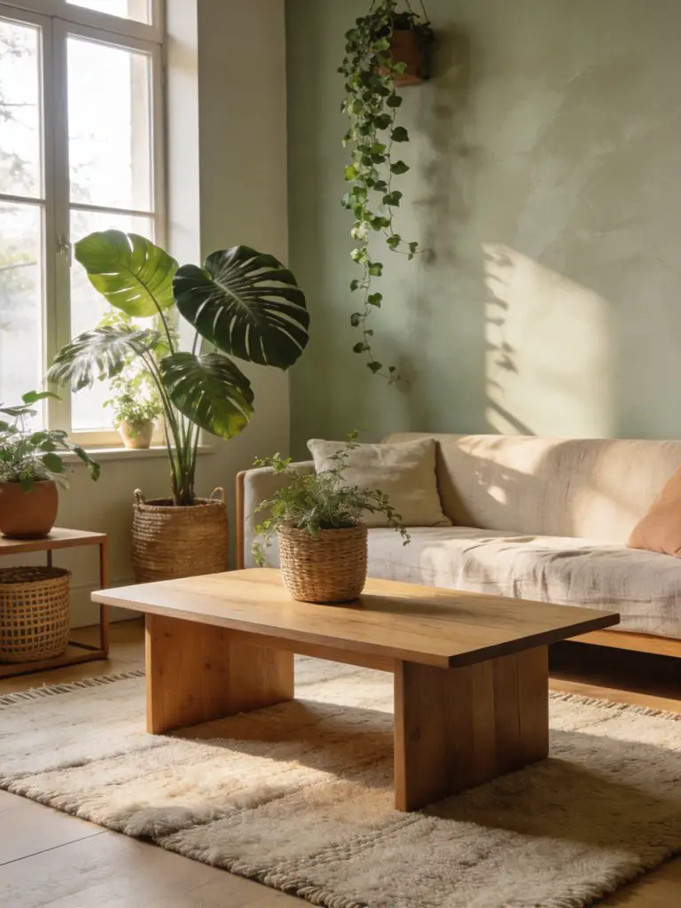 A warm minimalist living room with natural wooden accents and soft greenery creating an inviting organic space.