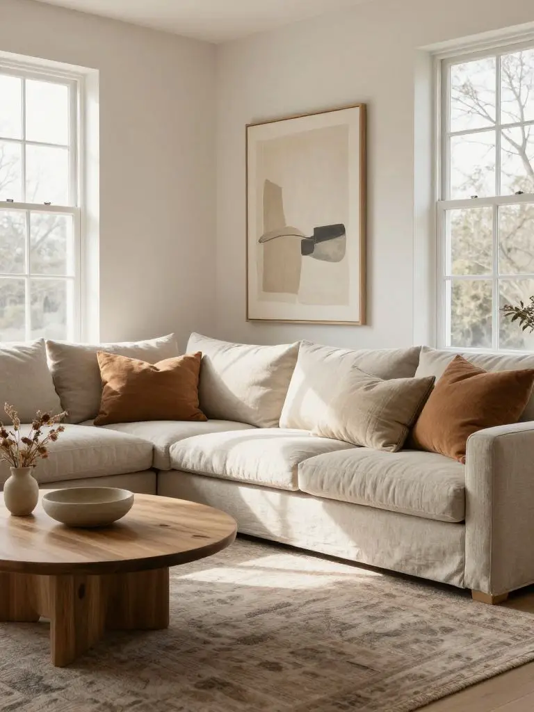 A warm minimalist living room featuring a spacious neutral sectional sofa in soft linen upholstery arranged along a bright wall with large w.