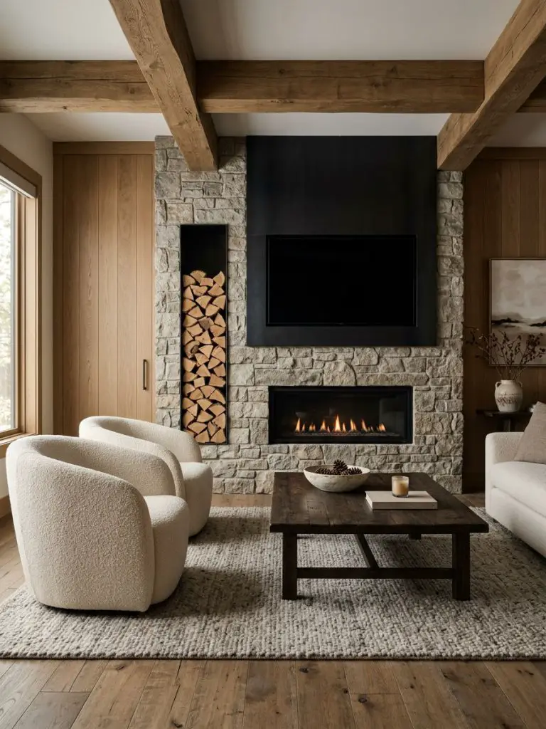 A warm contemporary mountain lounge designed in modern rustic style with a cozy fireplace feature wall.
