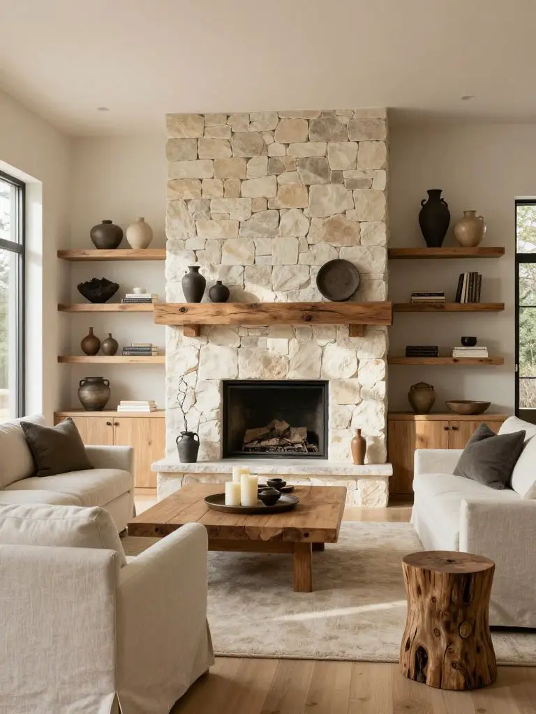 A warm modern mountain living room centered around a stacked stone fireplace with a thick reclaimed wood mantle.