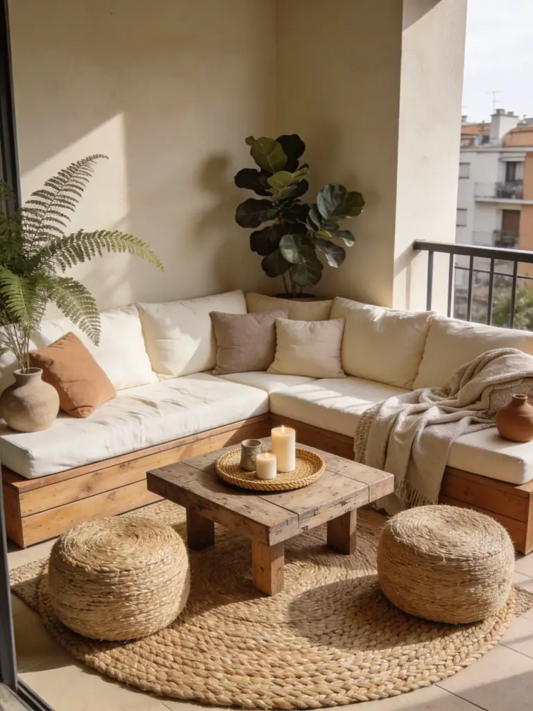 A warm boho-inspired small balcony design for apartments styled as a cozy outdoor living nook filled with layered textures.