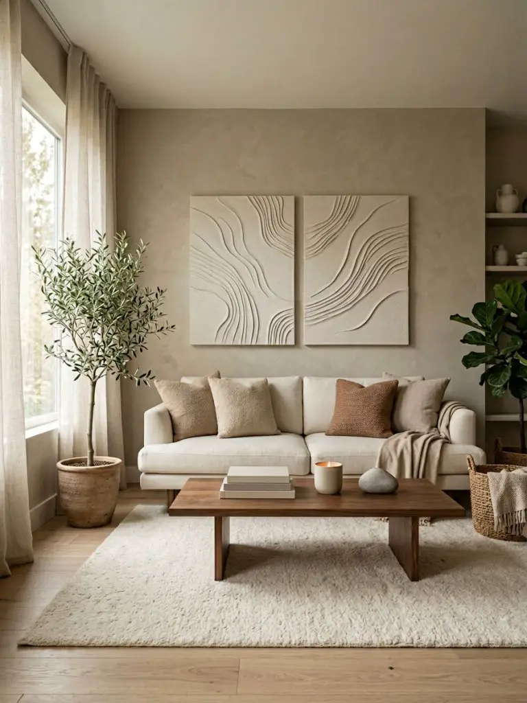 A serene natural minimalist living room with sculptural wall art panels creating a soft organic focal point above a neutral sofa.