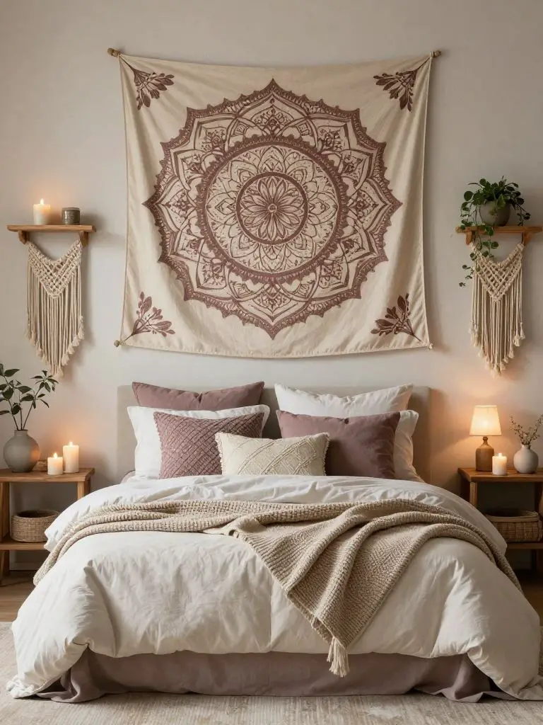 A warm neutral witch bedroom styled with boho influences and soft earthy textures.