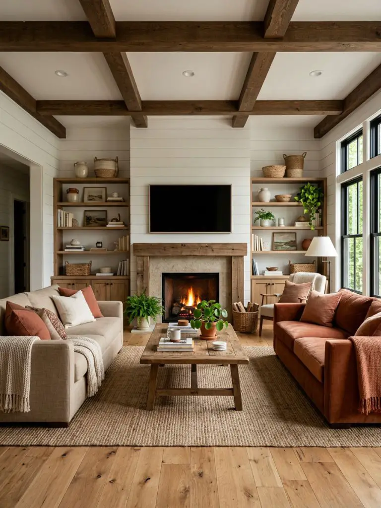 A warm rustic bonus room living space featuring exposed wood beams, white shiplap walls, and built-in shelving flanking a central fireplace.