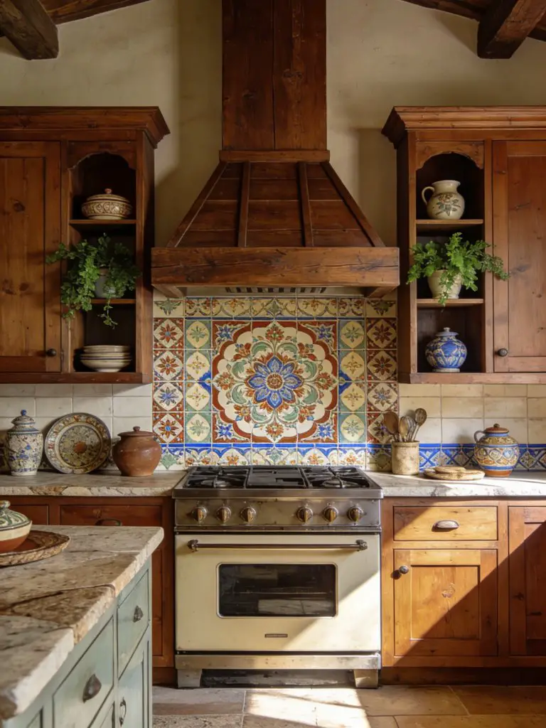 A warm rustic kitchen featuring richly stained wooden cabinetry paired with an intricate patterned tile backsplash inspired by Mediterranean.