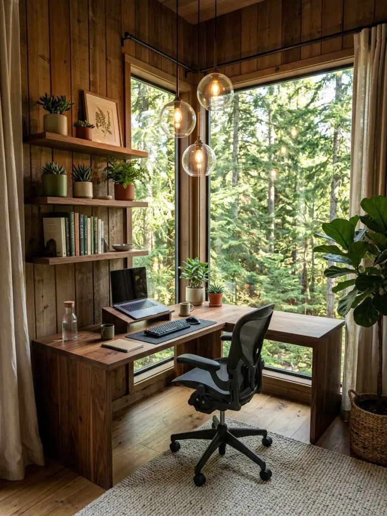A warm rustic office cabin workspace placed in the corner of a room surrounded by large forest-facing windows.