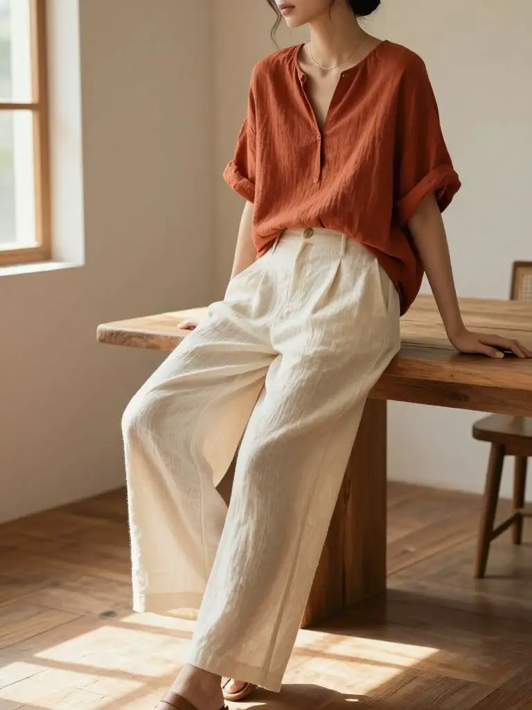 A warm modern rustic interior scene highlighting sustainable fashion outfit ideas with earthy tones and natural fabrics.